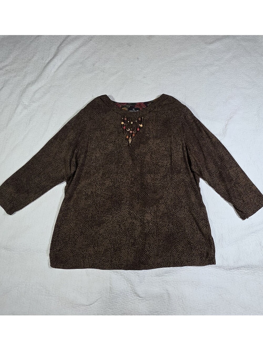 Vintage Carole Little II Brown Mosaic Print Beaded Tassel Tunic